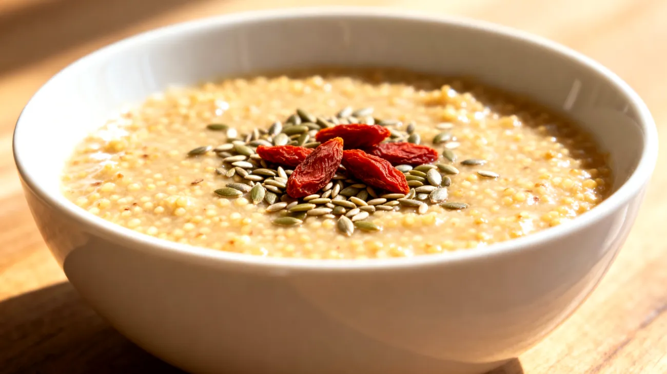 Amaranth-Quinoa-Pudding mit Hanfsamen und Goji-Beeren"