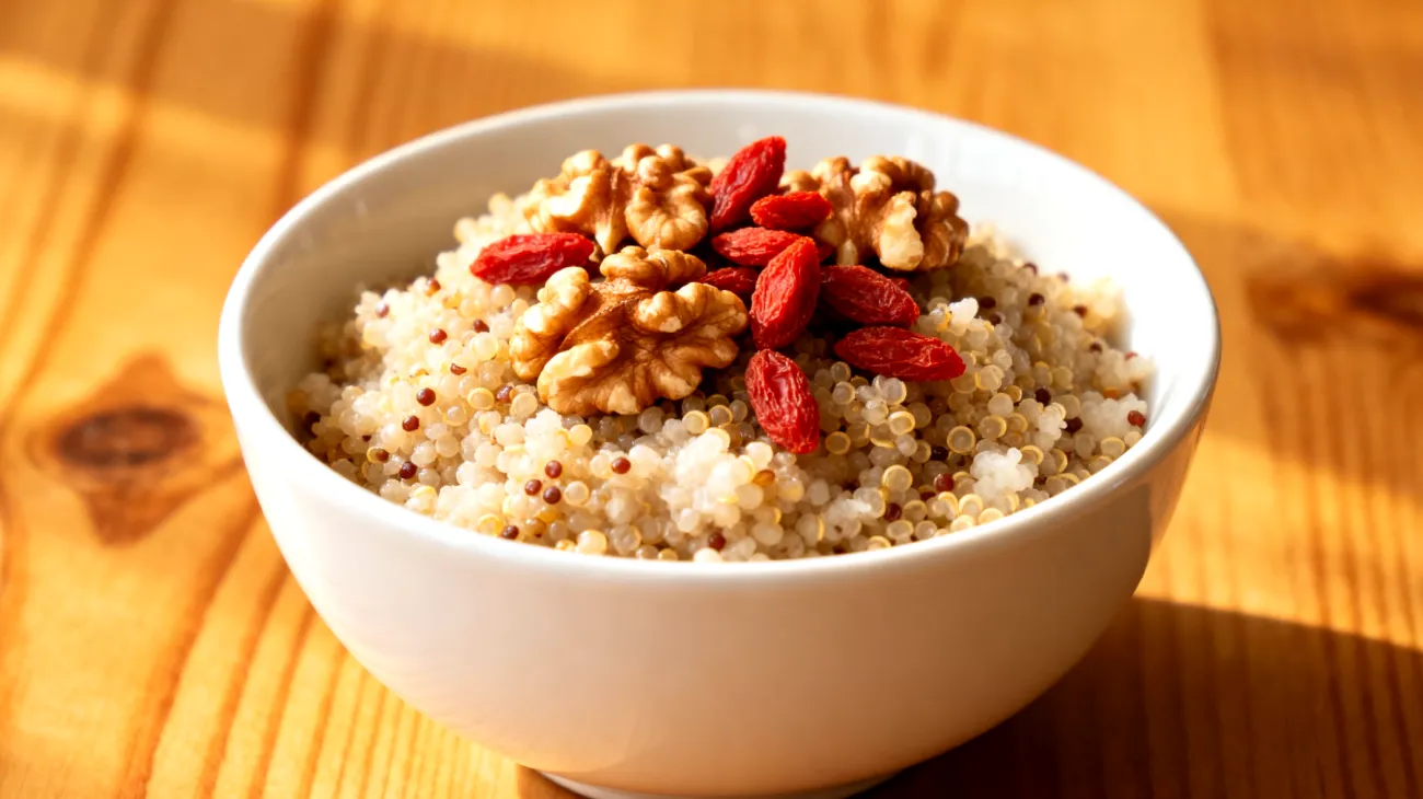 Amaranth-Quinoa-Bowl mit gerösteten Walnüssen und Goji-Beeren"