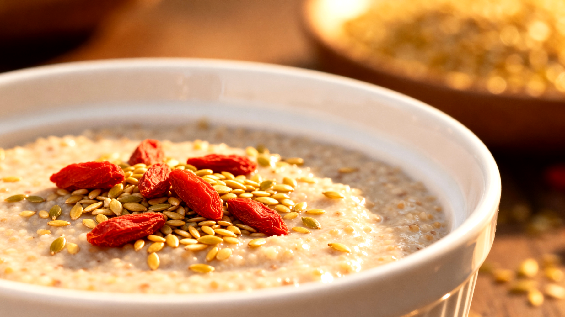 Amaranth-Quinoa-Pudding mit Hanfsamen und Goji-Beeren"