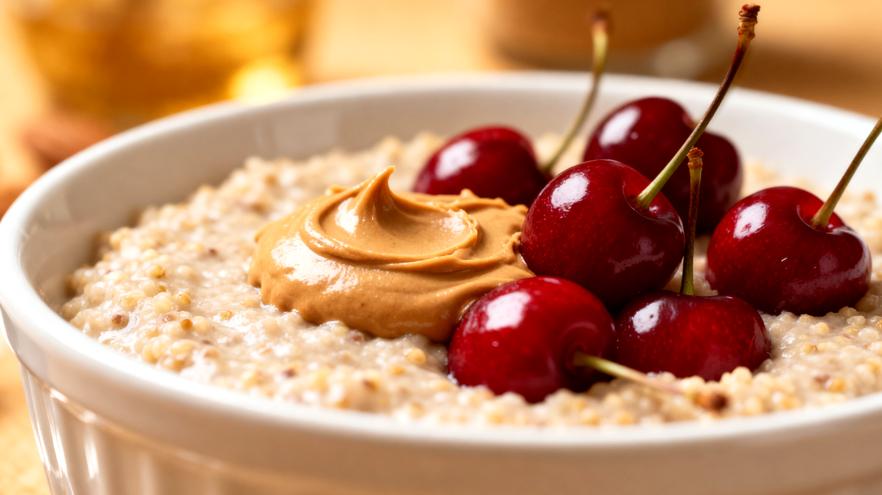 Amaranth-Quinoa-Pudding mit Kirschen und Mandelbutter"