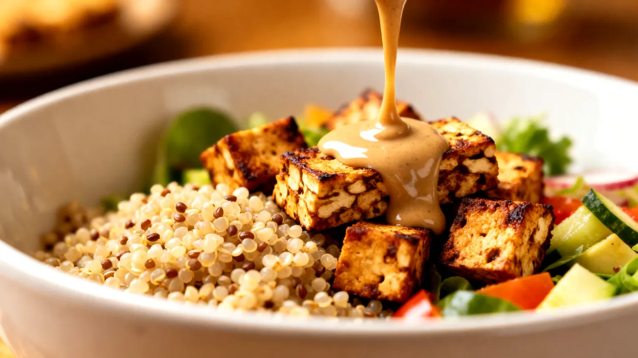 Buddha Bowl mit Quinoa, geröstetem Tempeh und Tahini-Dressing"