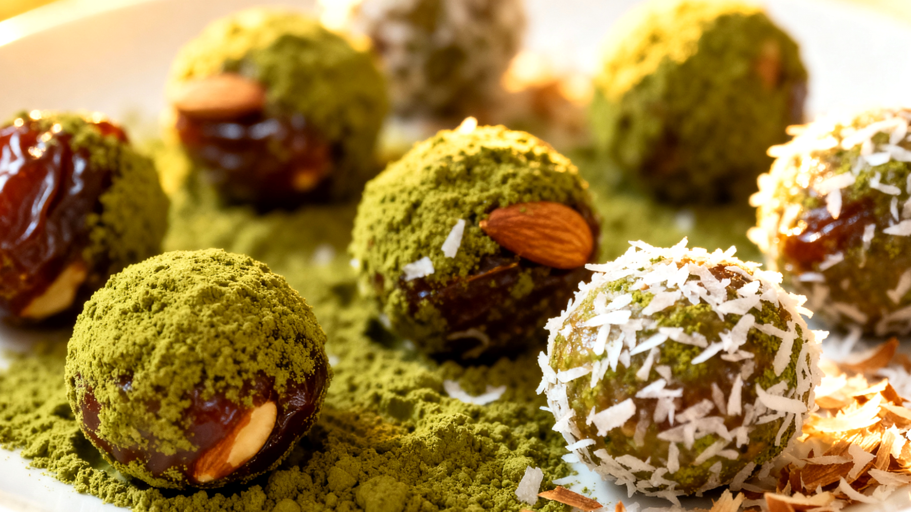 Dattel-Mandel-Energiebällchen mit Matcha und Kokosflocken"