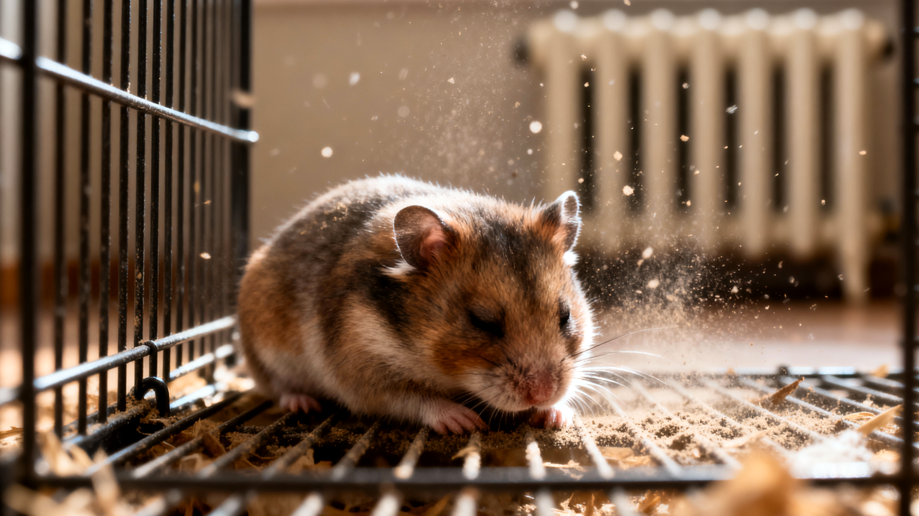 Hamster in der Wohnung sind anfällig für Atemwegserkrankungen durch trockene Heizungsluft, ungeeignete Einstreu oder Staub, was zu Niesen, pfeifender Atmung und reduzierter Aktivität führen kann"