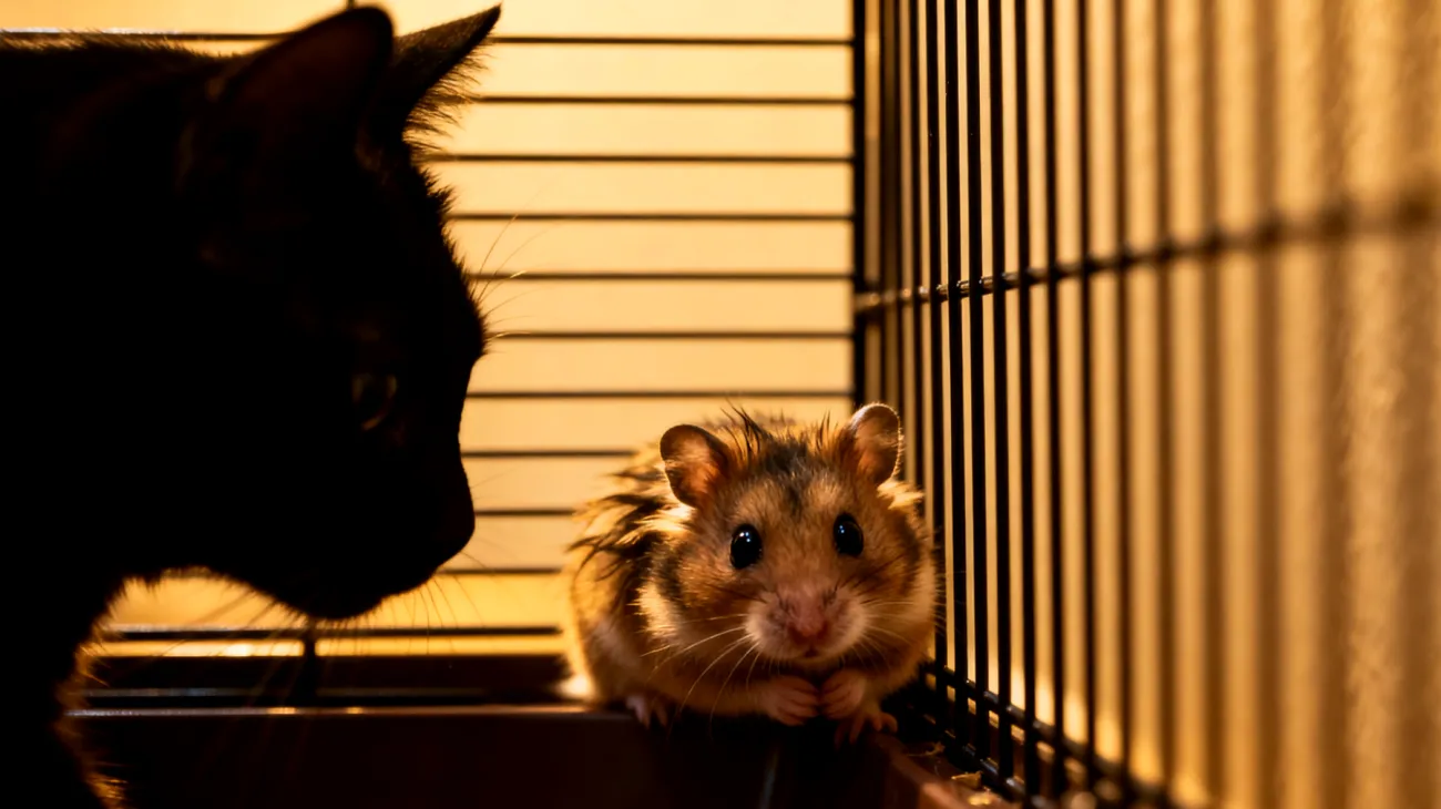 Hamster zeigt Anzeichen von chronischem Stress und Unruhe im Käfig, besonders wenn andere Haustiere in der Nähe sind, was zu Schlafstörungen und nervösem Verhalten führt"