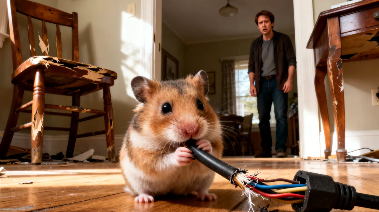 Hamster zeigt destruktives Verhalten in der Wohnung durch übermäßiges Nagen an Möbeln, Kabeln und Wänden während des Freilaufs, was sowohl für das Tier als auch für die Wohnungseinrichtung gefährlich werden kann"