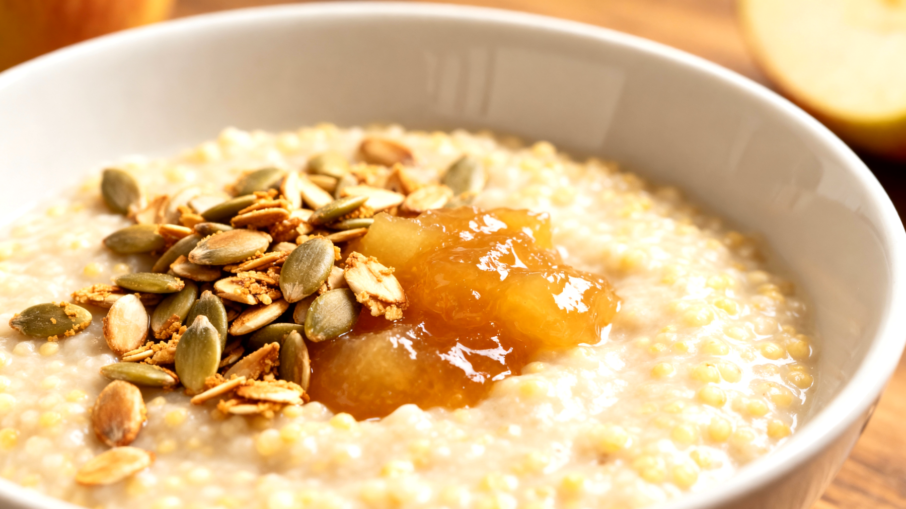 Hirseporridge mit gerösteten Sonnenblumenkernen und Apfelkompott"