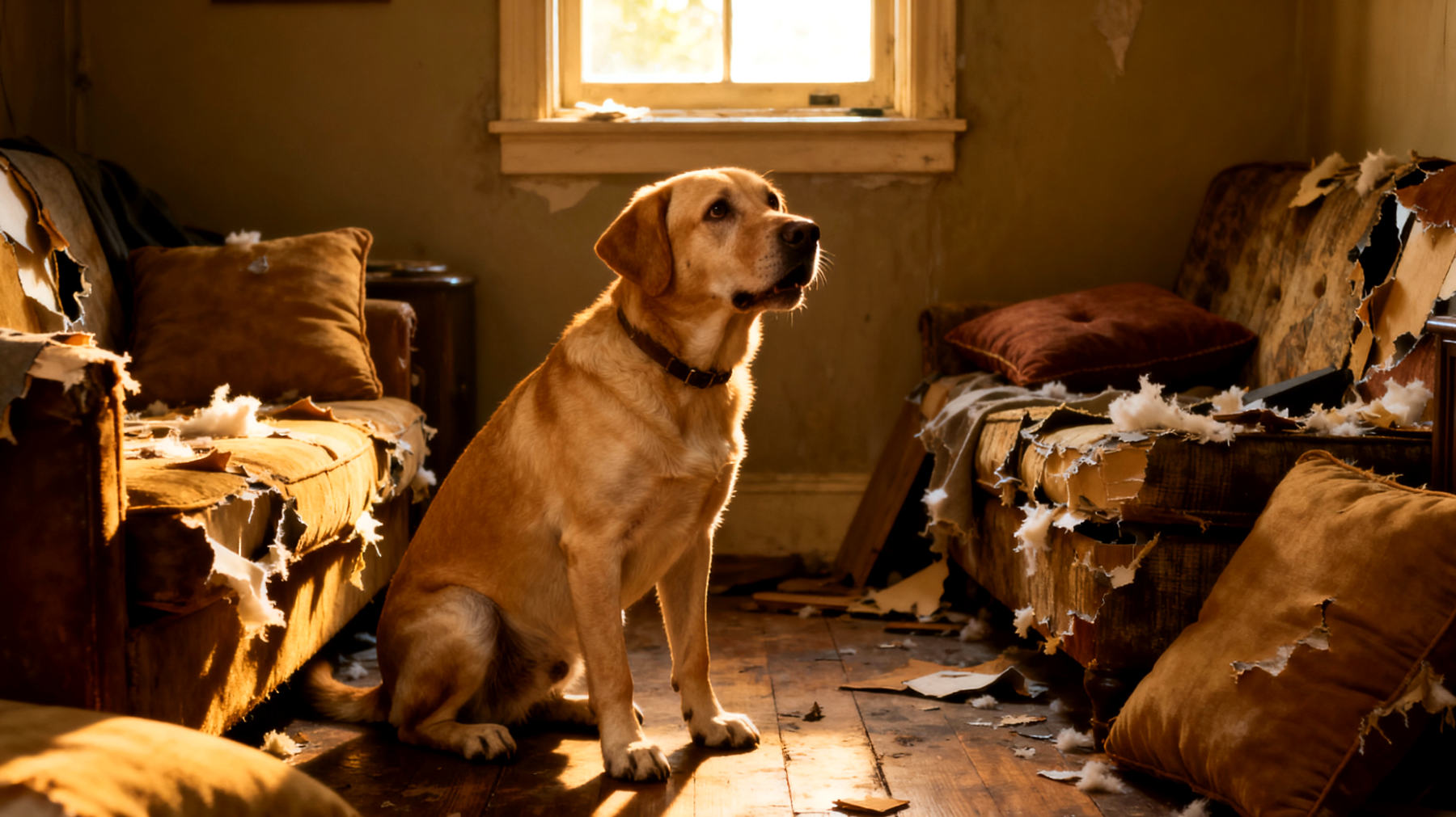 Ein Hund zeigt destruktives Verhalten in der Wohnung wie Möbel anknabbern, übermäßiges Bellen oder Unruhe aufgrund von Platzmangel und fehlender angemessener Beschäftigung"