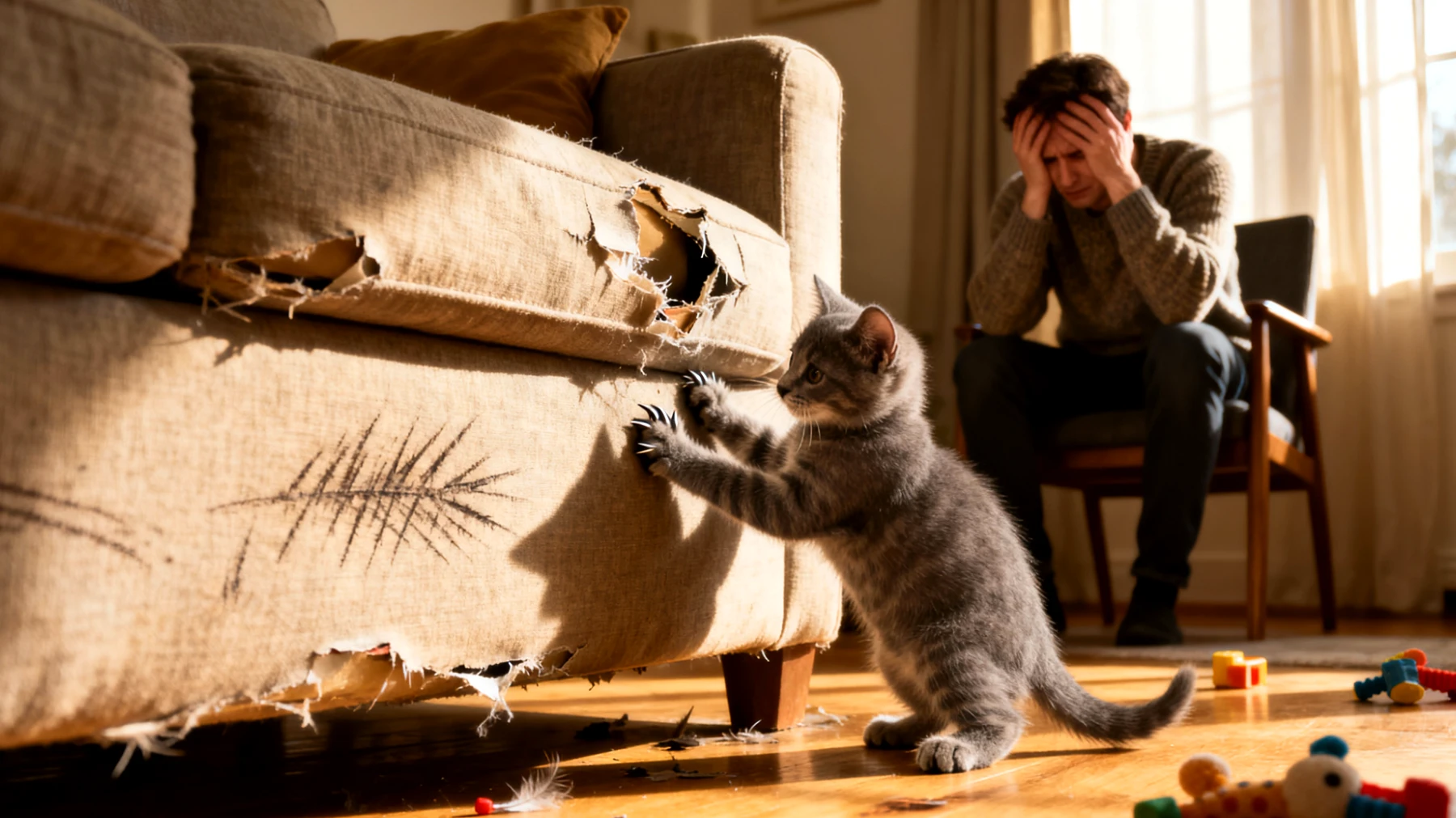 Ein Katzenwelpe zeigt destruktives Verhalten wie Kratzen an Möbeln und übermäßiges Beißen während des Spiels, was auf mangelnde Struktur in der täglichen Routine und unzureichende Beschäftigungsmöglichkeiten zurückzuführen ist"