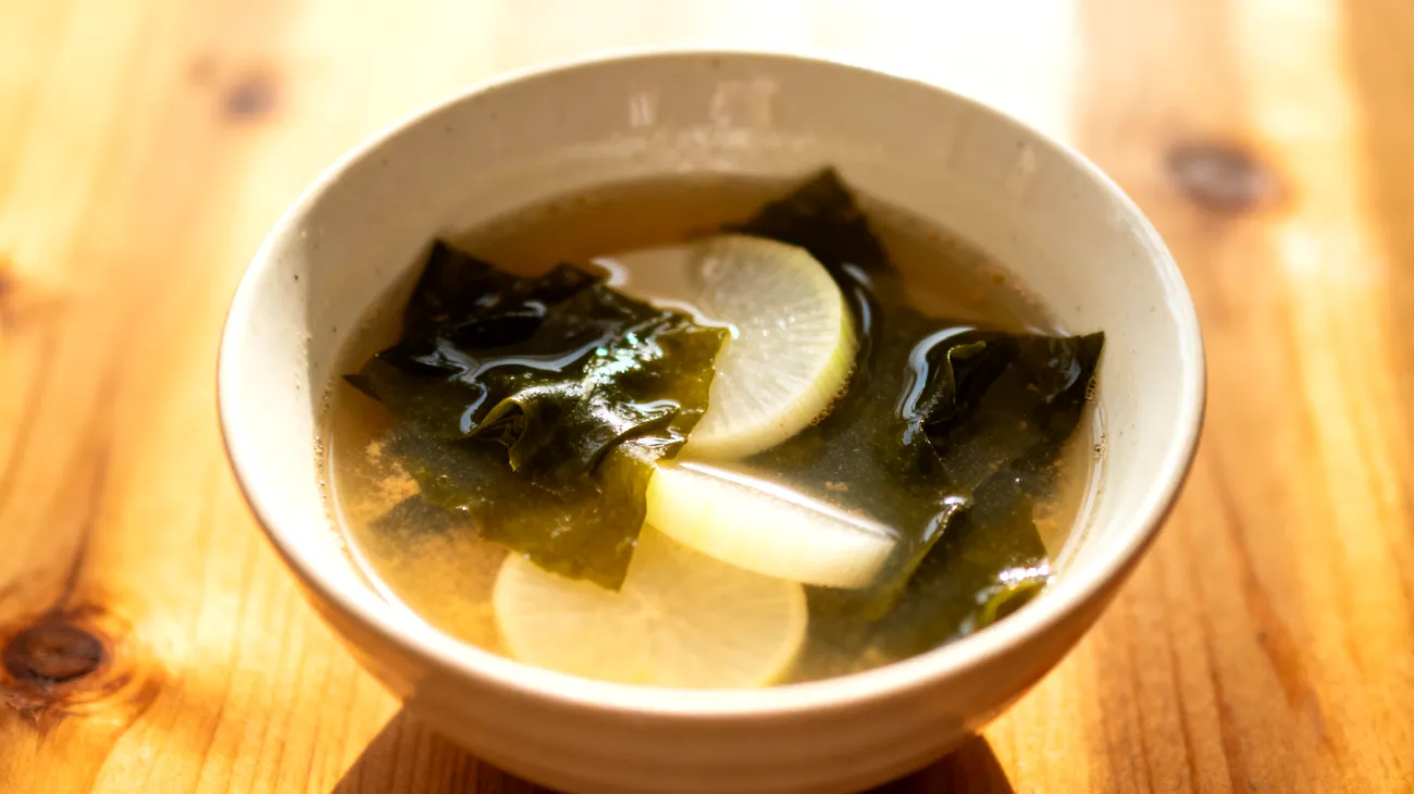 Miso-Suppe mit Wakame-Algen und Daikon-Rettich"