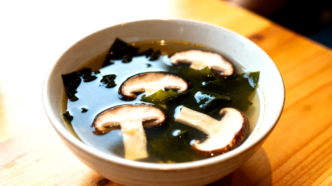 Miso-Suppe mit Wakame-Algen und Shiitake-Pilzen"