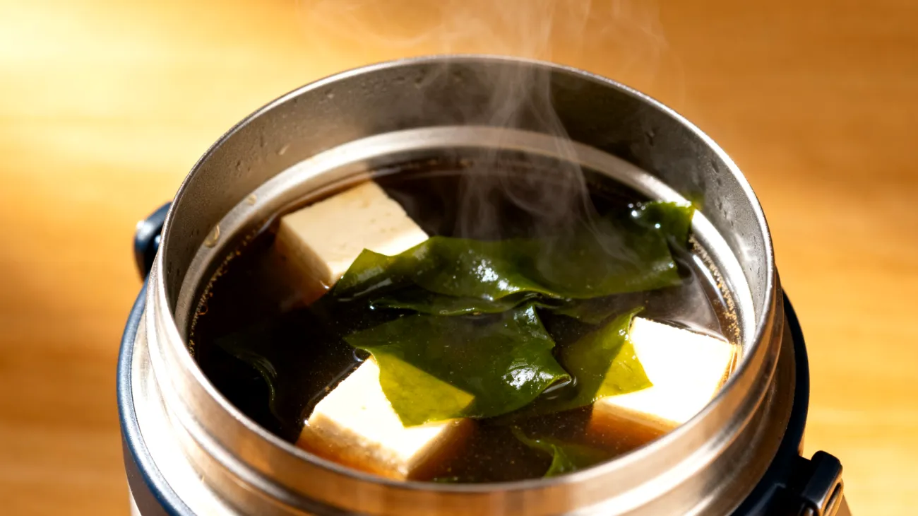 Miso-Suppe mit Wakame-Algen und Tofu in einer Thermoskanne"
