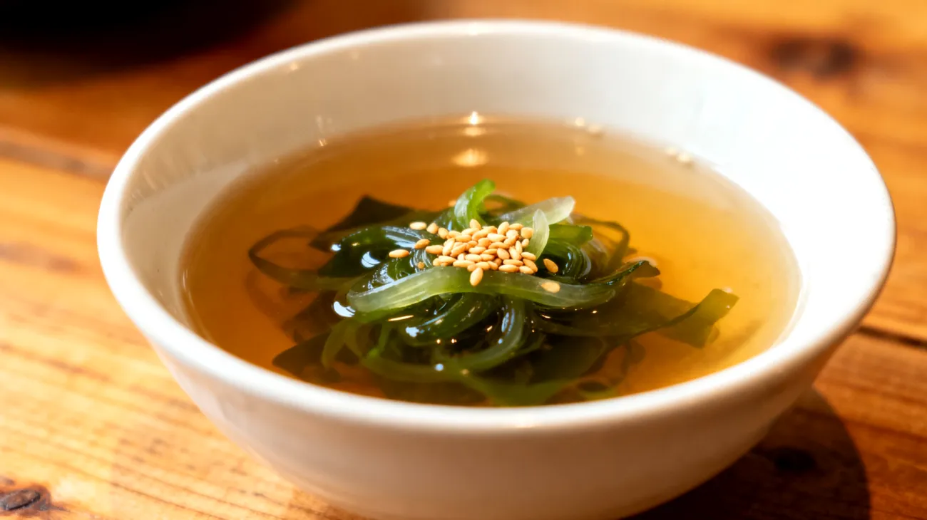 Miso-Suppe mit Wakame-Algen und geröstetem Sesam"
