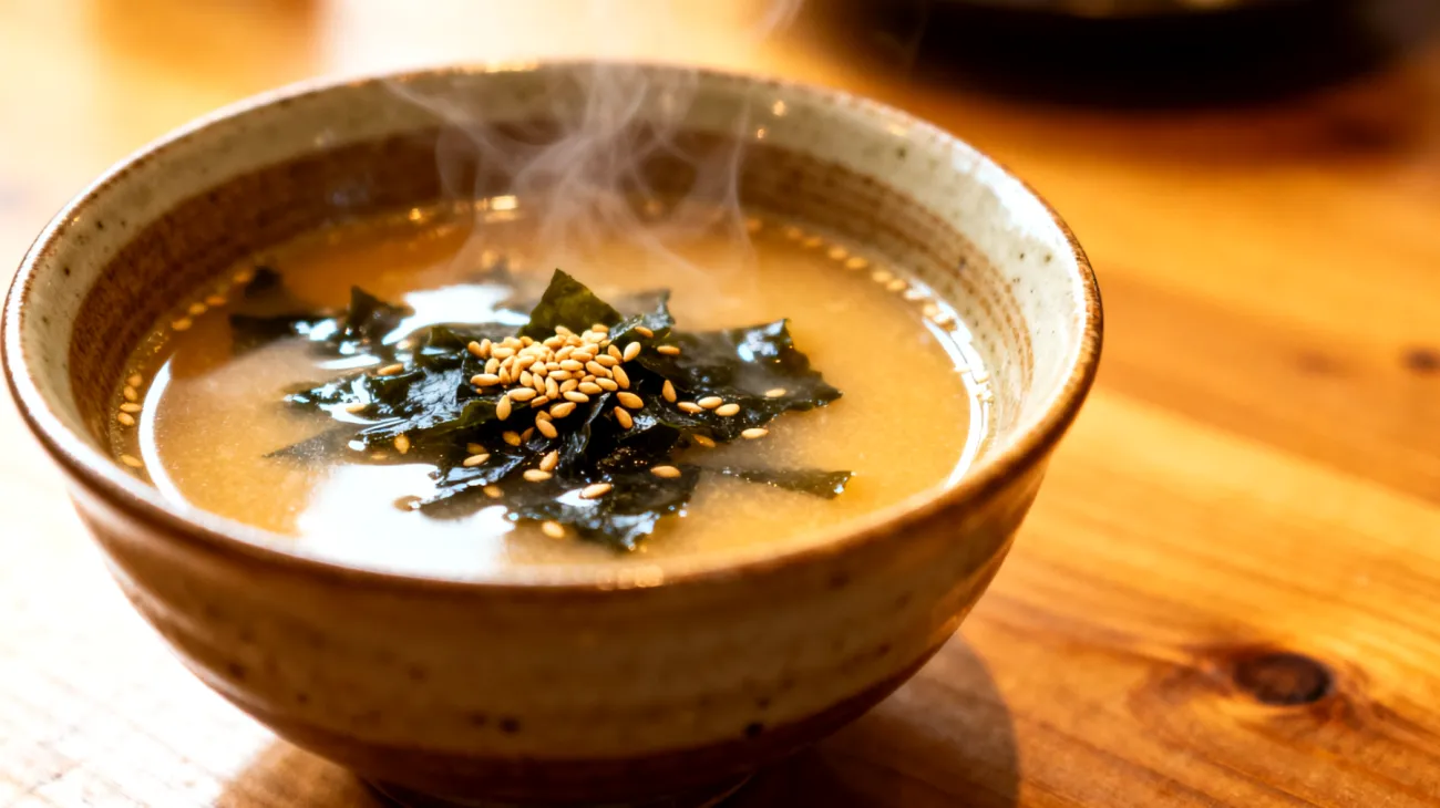 Miso-Suppe mit Wakame-Algen und geröstetem Sesam"
