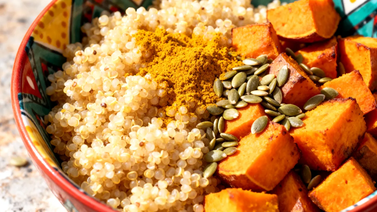 Quinoa-Süßkartoffel-Bowl mit Hanfsamen und Kurkuma"