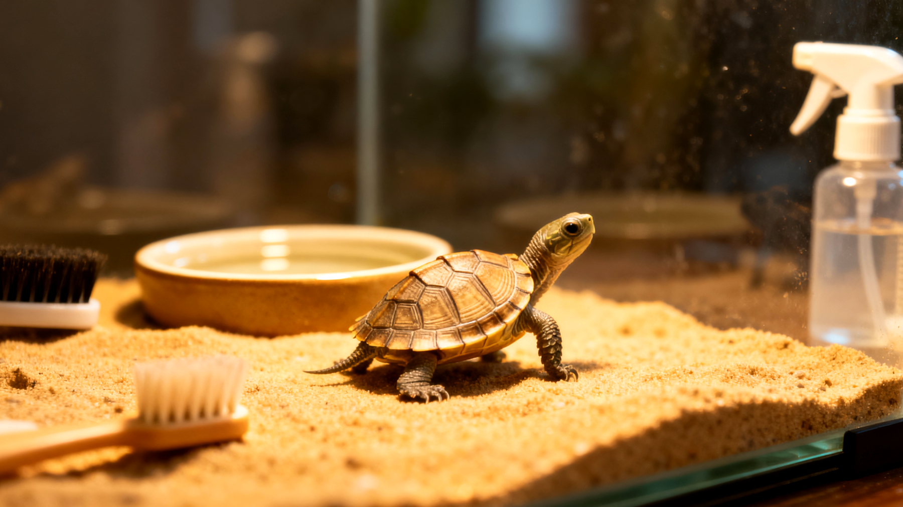 Ein junges Schildkrötenbaby benötigt spezielle Hygienemaßnahmen und Reinigung des Terrariums, da es anfälliger für Bakterien und Pilzinfektionen ist und noch nicht über ein vollständig entwickeltes Immunsystem verfügt"