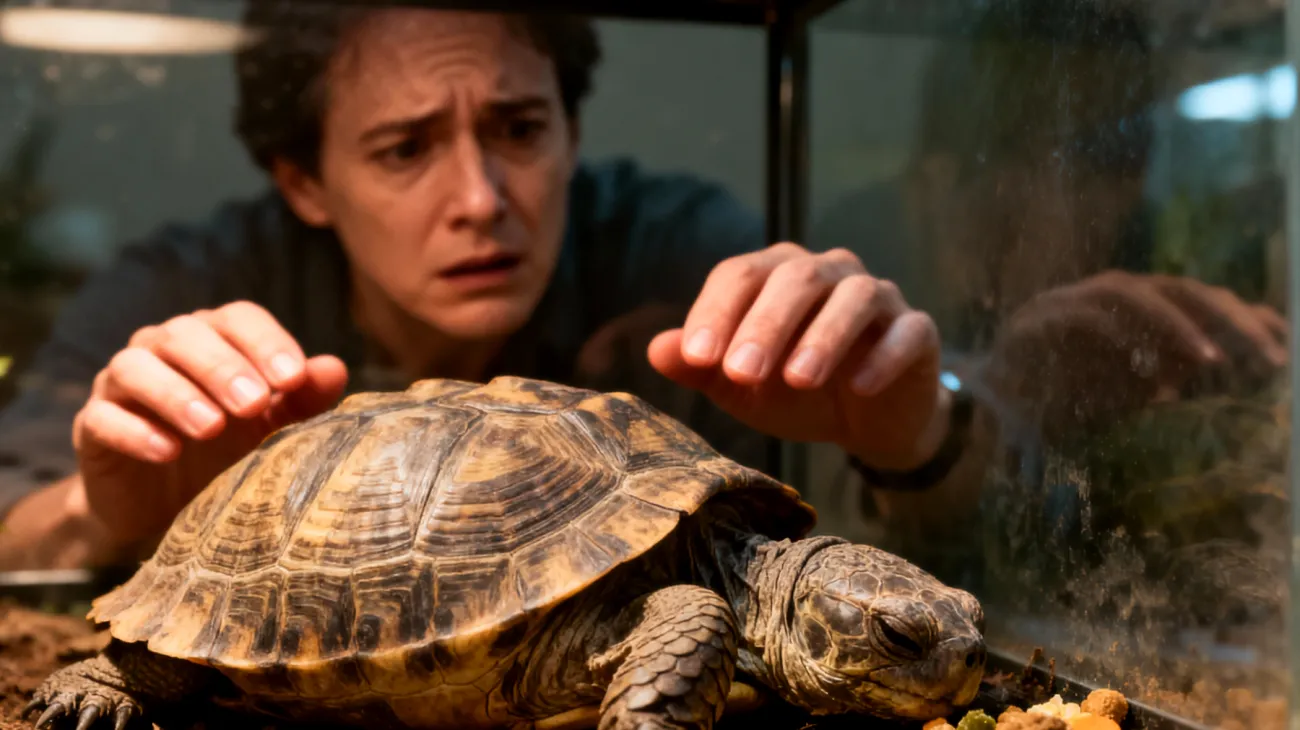 Eine betagte Schildkröte zeigt verminderte Aktivität und verweigert das Fressen, wodurch die Etablierung einer angepassten täglichen Routine mit altersgerechten Fütterungszeiten, Temperaturmanagement und sanften Aktivitätsphasen erschwert wird"