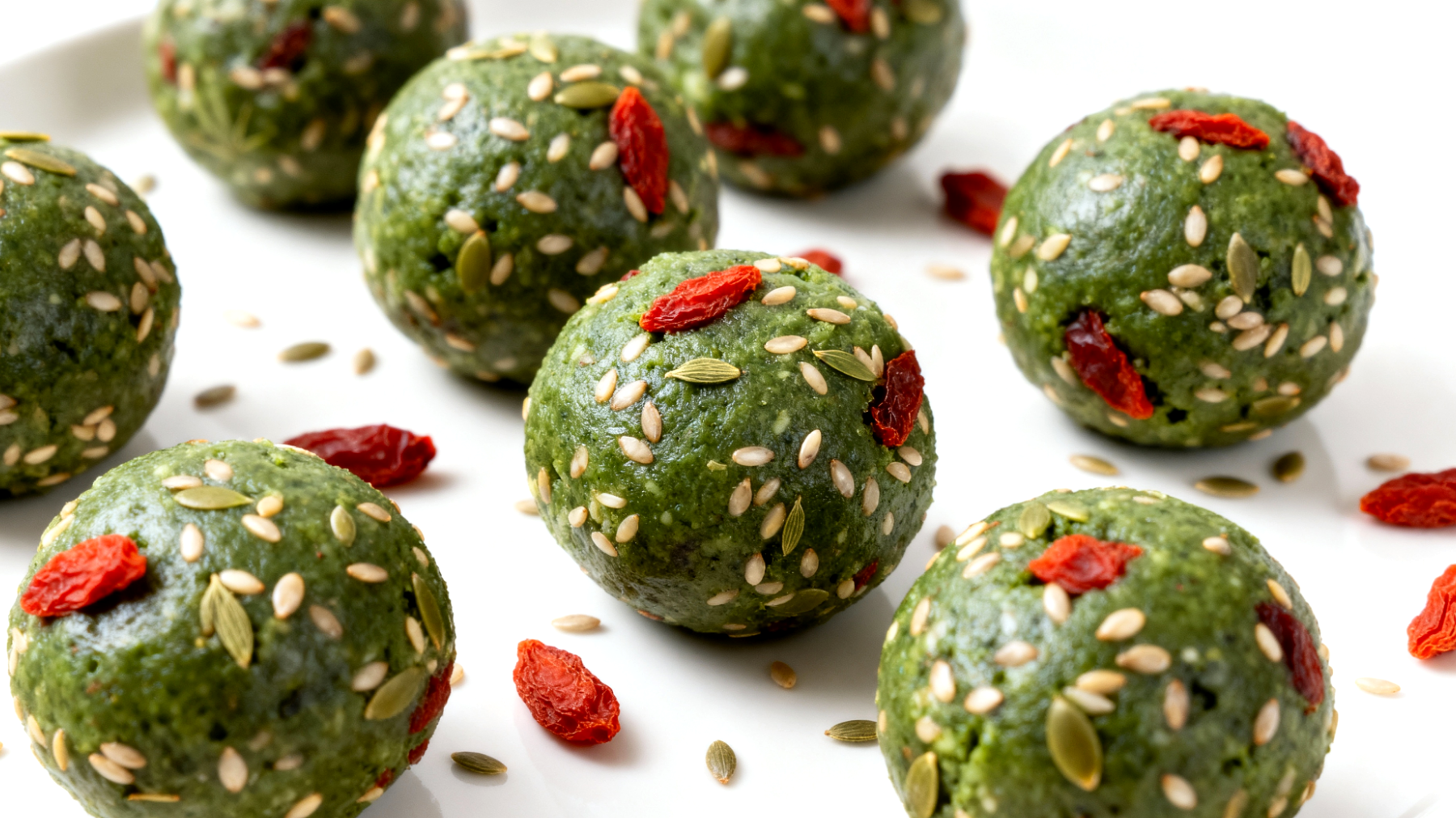 Spirulina-Hanfsamen-Energiebällchen mit Goji-Beeren"