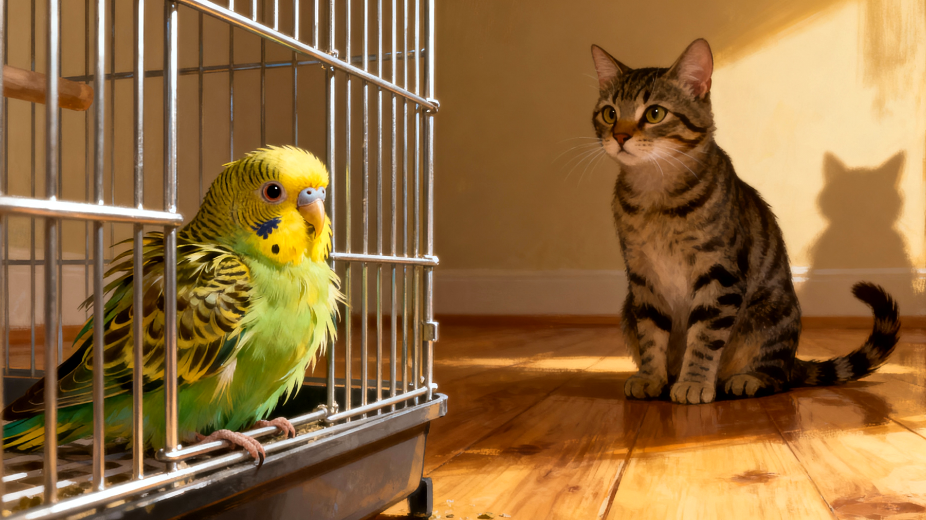 Wellensittiche zeigen Stress und Unwohlsein beim Zusammenleben mit anderen Haustieren, da sie als Beutetiere natürliche Angst vor Raubtieren wie Katzen oder Hunden haben und ihre sensible Natur durch die Anwesenheit anderer Tiere beeinträchtigt wird"